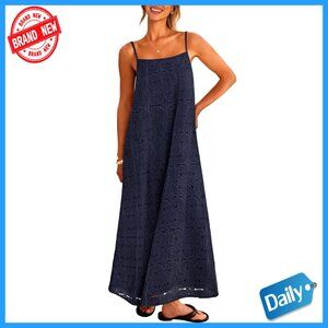 Summer Maxi Dress with Spaghetti Straps, Lace Eyelet, Side Pockets